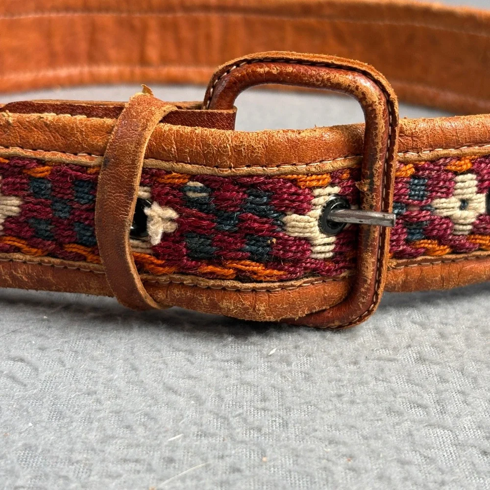 Vintage Southwestern Woven Textile Leather Belt Brown Boho Geometric 36 Inch
